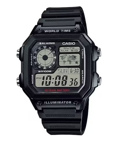 Casio Watch Digital World Time Illuminator Black AE-1200WH - 1AVDF