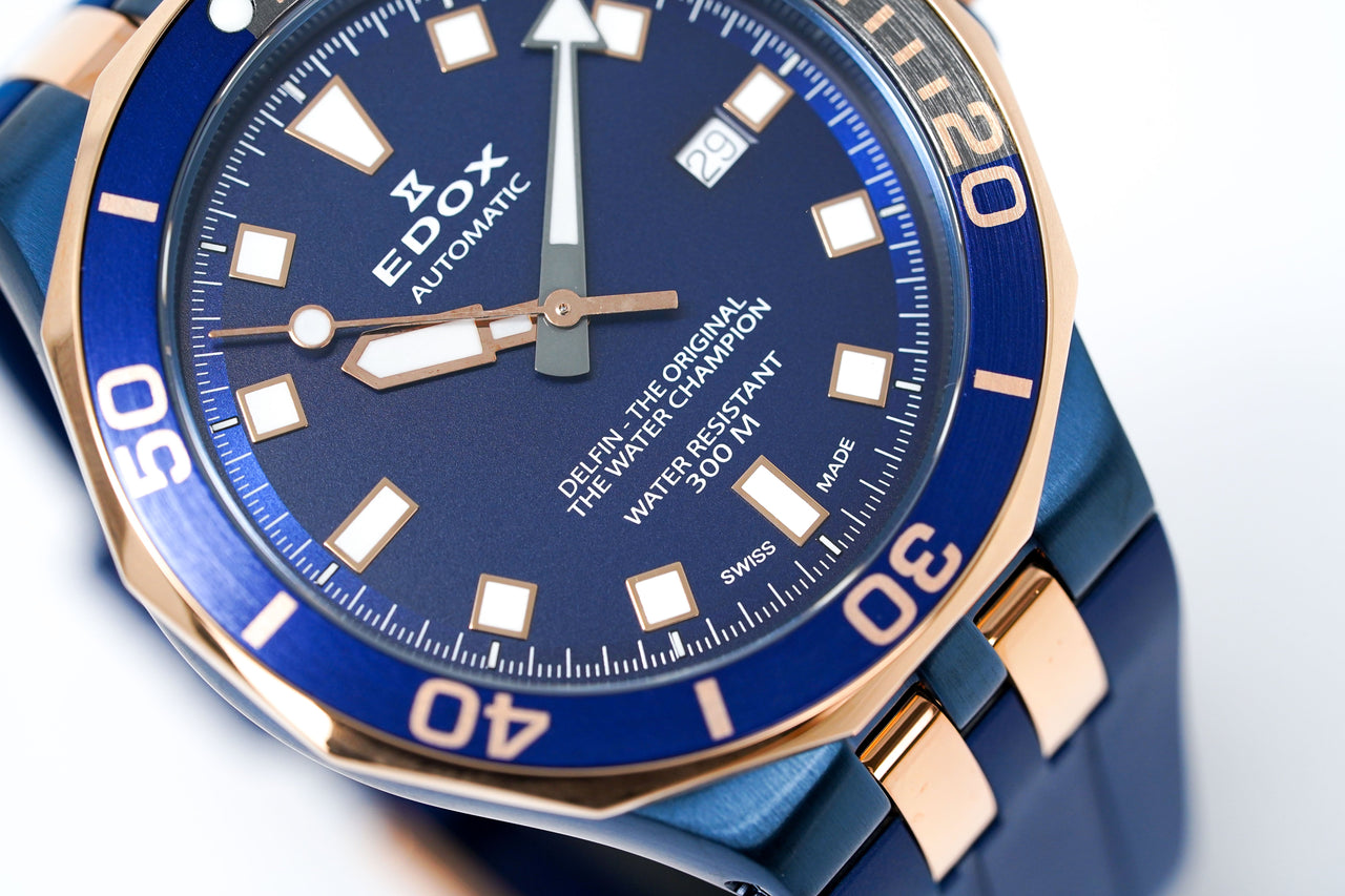 Edox Automatic Watch Delfin Diver Blue Rose Gold 43mm 80110 357BURCA BUIR