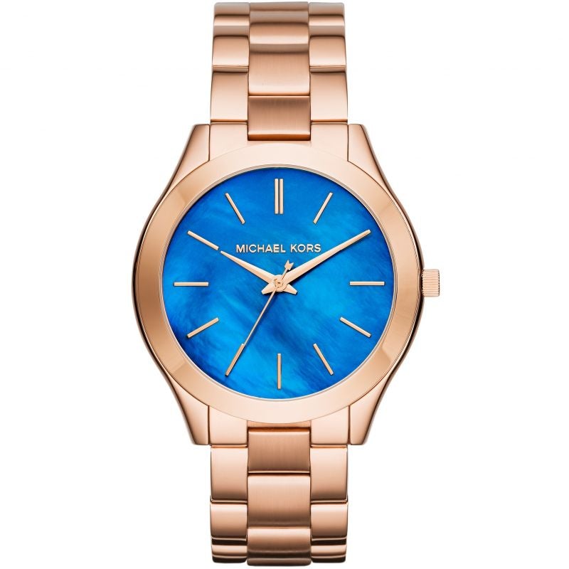 Michael Kors Ladies Watch Slim Runway Rose Gold Dark Blue MK3494 - Watches & Crystals
