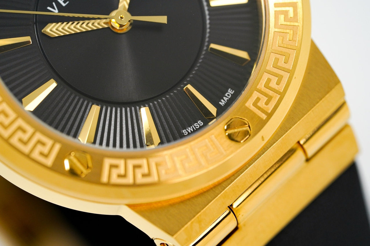 Versace Ladies Watch Greca Logo Gold Black Leather VEVH00320 - Watches & Crystals